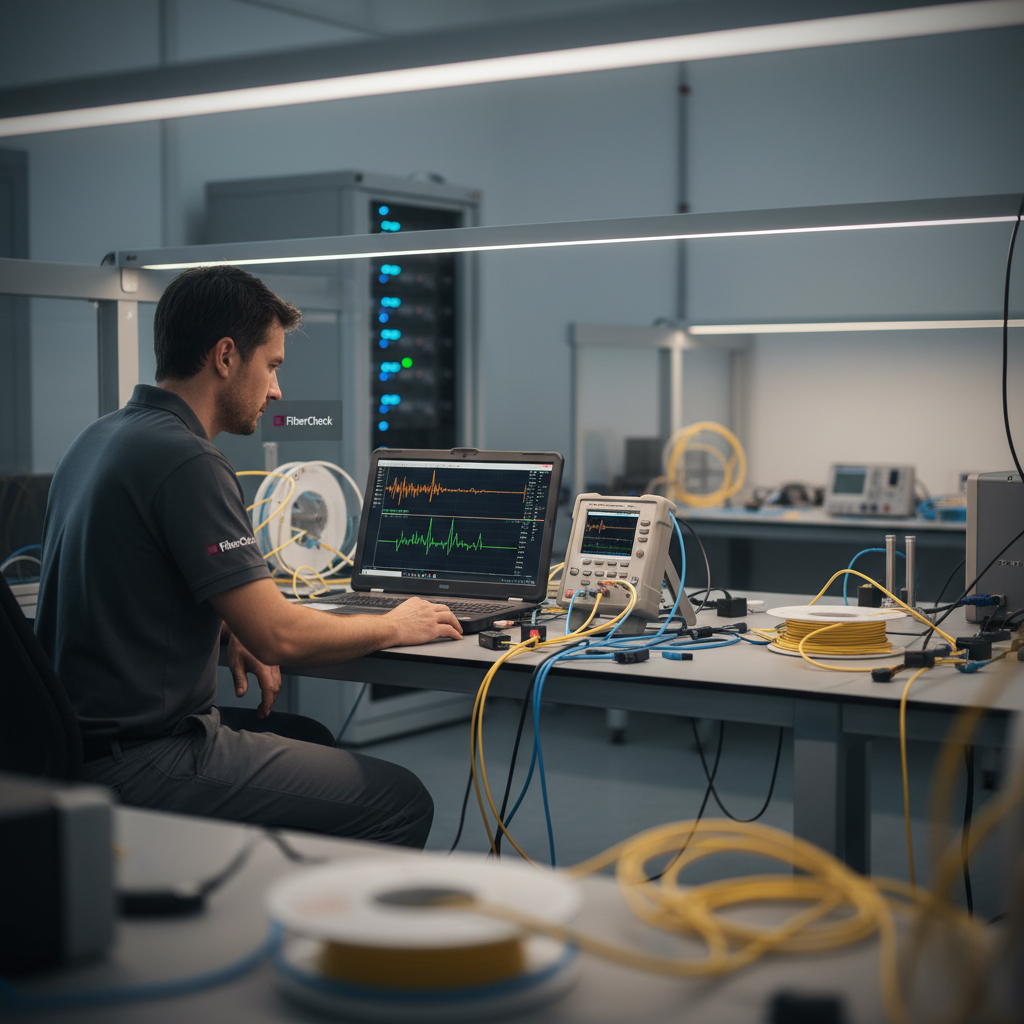 Adam Eckardt bei der OTDR-Messdatenanalyse im modernen Glasfaserlabor von FiberCheck.